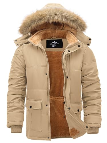 Peakwell Herren Gefütterte Ärmel Winterjacke Wasserdichte Jacke Outdoor Parka Warme Daunenjacke Fleecejacke Thermo Jacket mit Multitaschen, Khaki, XXL von Peakwell