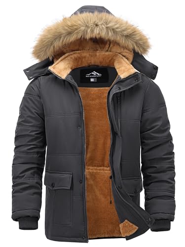 Peakwell Herren Outdoor Winterjacke Warme Winter Mantel Freizeitjacke Wasserdichte Übergangsjacke Lange Parka mit Abnehmbarer Kapuze, Dunkelgrau, XL von Peakwell