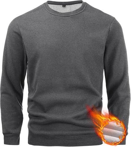 Peakwell Herren Rundhals Fleece Sweatshirts Warme Gefütterte Pullover Basic Langarm Shirts (Dunkelgrau, XL) von Peakwell