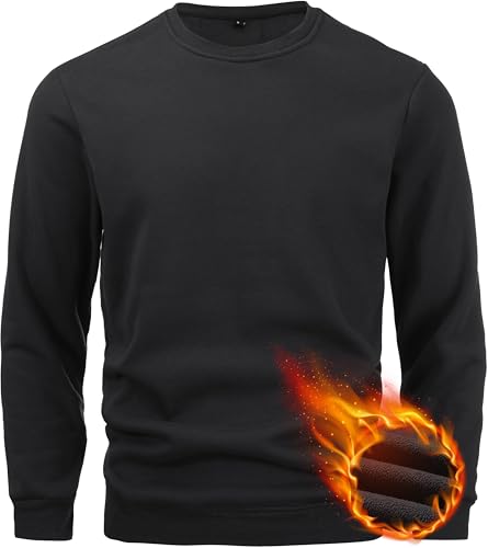 Peakwell Herren Rundhals Fleece Sweatshirts Warme Gefütterte Pullover Basic Langarm Shirts (Schwarz, M) von Peakwell