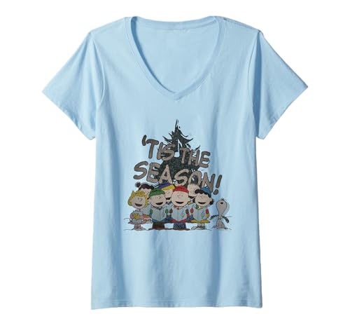 Damen Charlie Brown Snoopy Weihnachtsbande Tis The Season im Retro-Look T-Shirt mit V-Ausschnitt von Peanuts
