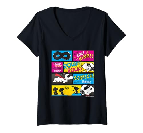 Damen Peanuts Comic Snoopy Masked Hero Super Hero Rettungshund Strip T-Shirt mit V-Ausschnitt von Peanuts