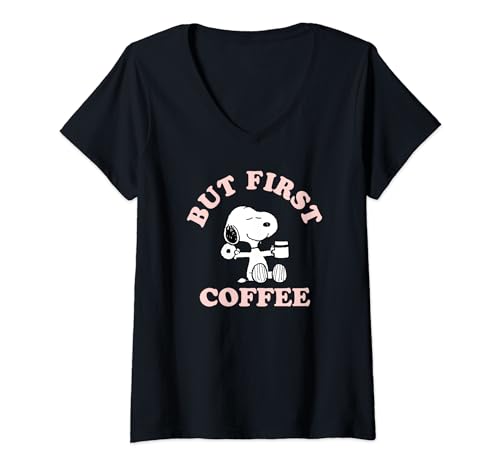 Damen Peanuts But First Coffee Snoopy T-Shirt mit V-Ausschnitt von Peanuts