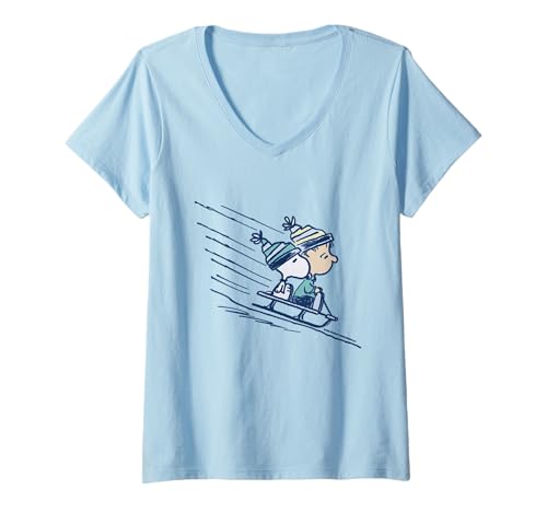 Damen Peanuts Linus Snoopy Retro Schlittenfahrt Weihnachten Urlaub 80er Jahre Kunst T-Shirt mit V-Ausschnitt von Peanuts