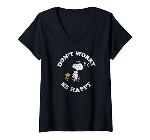 Damen Peanuts Snoopy And Woodstock Don't Worry Be Happy T-Shirt mit V-Ausschnitt von Peanuts