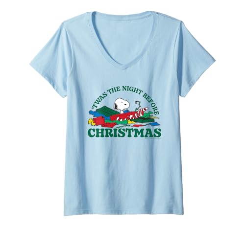 Damen Peanuts Snoopy Retro-Kunst mit Beagle-Motiv „Xmas Night Before Christmas“ T-Shirt mit V-Ausschnitt von Peanuts