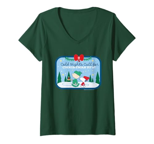Damen Peanuts Snoopy Charlie Brown Merry Xmas Schlafanzug Winter Retro T-Shirt mit V-Ausschnitt von Peanuts