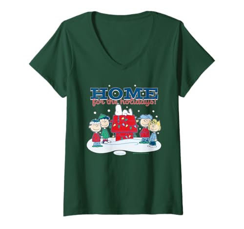 Damen Peanuts Snoopy Charlie Lucy Sally Lustiger Hundeurlaub, Weihnachtsbraun T-Shirt mit V-Ausschnitt von Peanuts