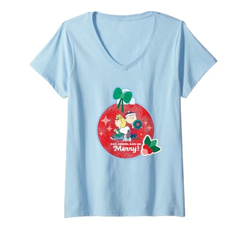 Damen Peanuts Snoopy Charlie Sally Xmas Eat Drink Merry Be Geschenke T-Shirt mit V-Ausschnitt von Peanuts