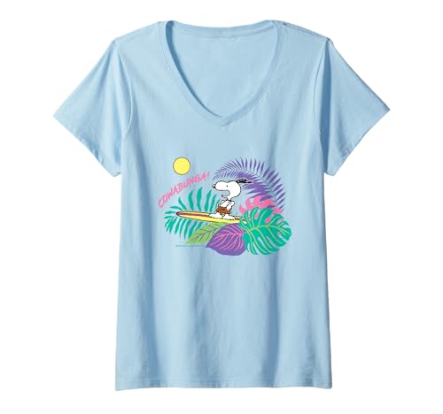 Damen Peanuts Snoopy Hawaii Surf Urlaub Comic Vibes Retro Geschenke T-Shirt mit V-Ausschnitt von Peanuts