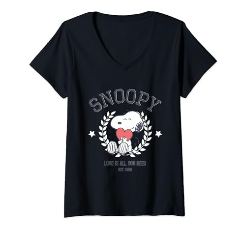 Damen Peanuts Snoopy Love ist alles was du brauchst Est 1950 T-Shirt mit V-Ausschnitt von Peanuts