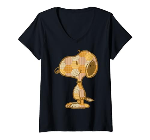 Damen Peanuts Snoopy Patchwork-Muster T-Shirt mit V-Ausschnitt von Peanuts