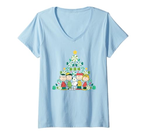 Damen Peanuts Snoopy Retro Charlie Sally Linus Weihnachtsbaum Geschenke T-Shirt mit V-Ausschnitt von Peanuts