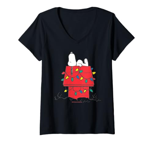 Damen Peanuts Snoopy Retro Weihnachten Hundehütte Urlaub Comic Lichter T-Shirt mit V-Ausschnitt von Peanuts