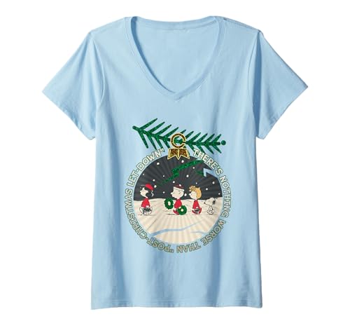 Damen Peanuts Snoopy Retro-Weihnachtsmotiv „Charlie Lucy Sally Let Down“ T-Shirt mit V-Ausschnitt von Peanuts