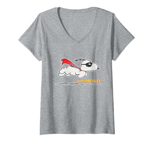 Damen Peanuts Snoopy Super-Beagle mit fliegendem Umhang, klassischer Held T-Shirt mit V-Ausschnitt von Peanuts
