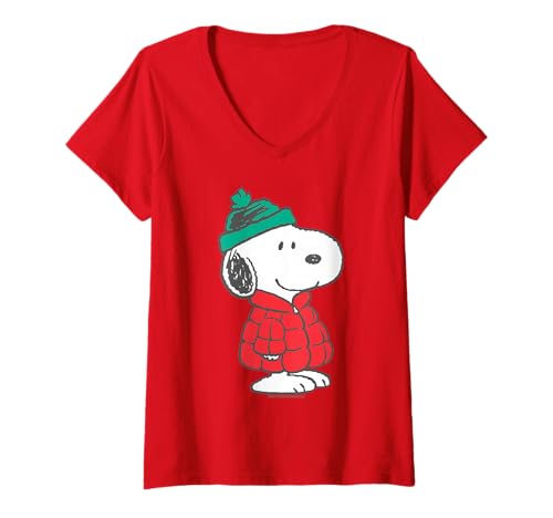 Damen Peanuts Snoopy Weihnachts-Beagle-Comic im kalten Winterstil T-Shirt mit V-Ausschnitt von Peanuts
