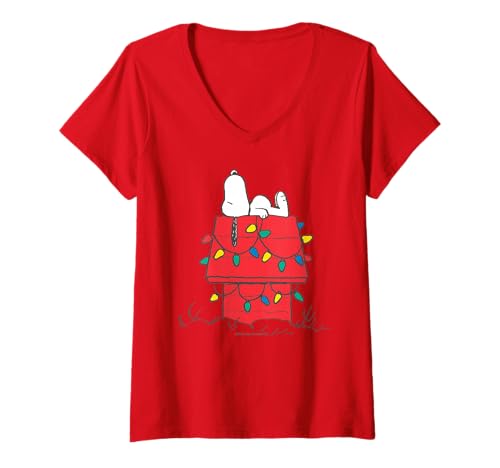 Damen Peanuts Snoopy Weihnachtsbeleuchtung Retro Comic Doghouse Kunstwerk T-Shirt mit V-Ausschnitt von Peanuts