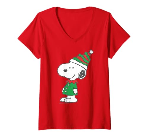 Damen Peanuts Snoopy Weihnachtselfe Merry Retro Beagle Comic Style T-Shirt mit V-Ausschnitt von Peanuts
