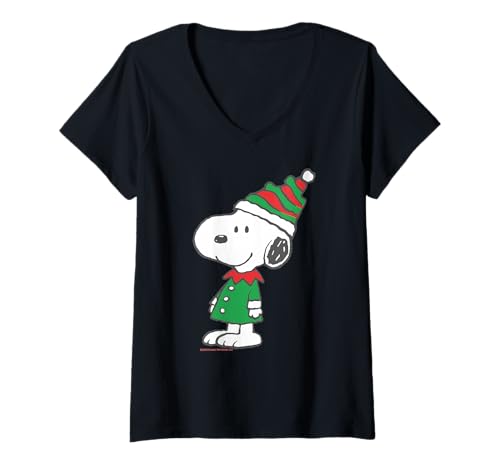 Damen Peanuts Snoopy Weihnachtselfenkostüm Retro Beagle Classic Holiday T-Shirt mit V-Ausschnitt von Peanuts