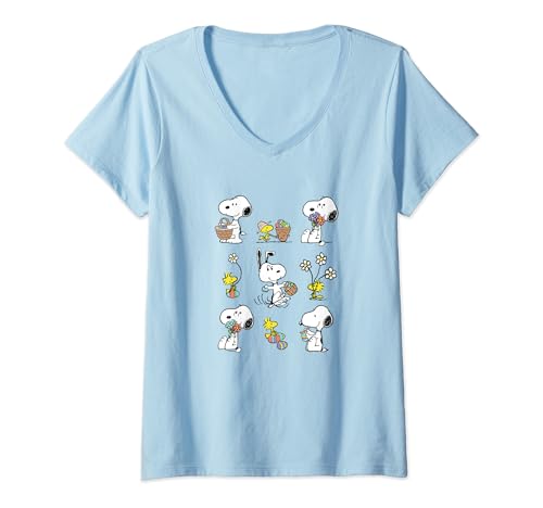 Damen Peanuts Snoopy Woodstock Osterfrühlingsmuster T-Shirt mit V-Ausschnitt von Peanuts