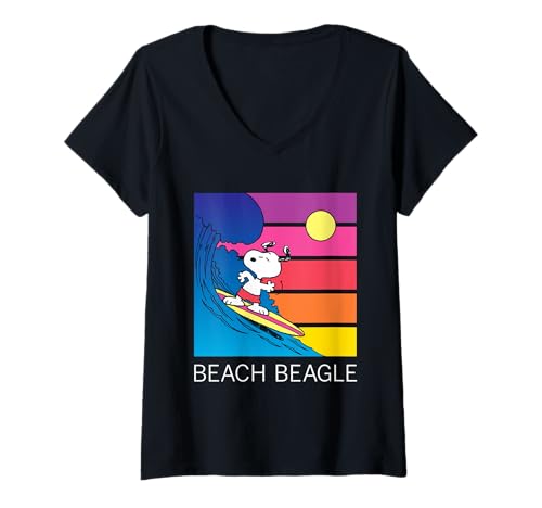 Damen Peanuts Sunset Surfen Snoopy Beach Beagle T-Shirt mit V-Ausschnitt von Peanuts