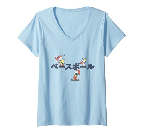 Damen Peanuts Tokyo Snoopy Charlie Brown Lucy Baseball, Retro-Kanji T-Shirt mit V-Ausschnitt von Peanuts