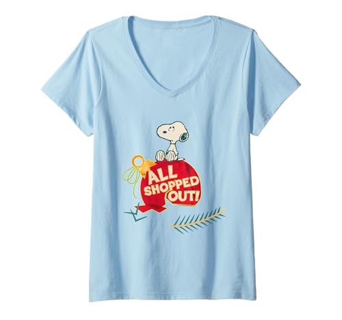 Damen Peanuts Weihnachtskunstwerk „Snoopy All Shopped Out“ im Weihnachtsstil T-Shirt mit V-Ausschnitt von Peanuts