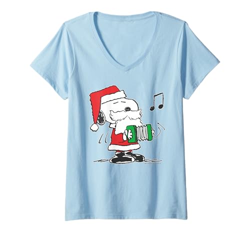 Damen Peanuts Xmas Santa Snoopy Musik Party 80er Jahre Retro Vibes Geschenke T-Shirt mit V-Ausschnitt von Peanuts