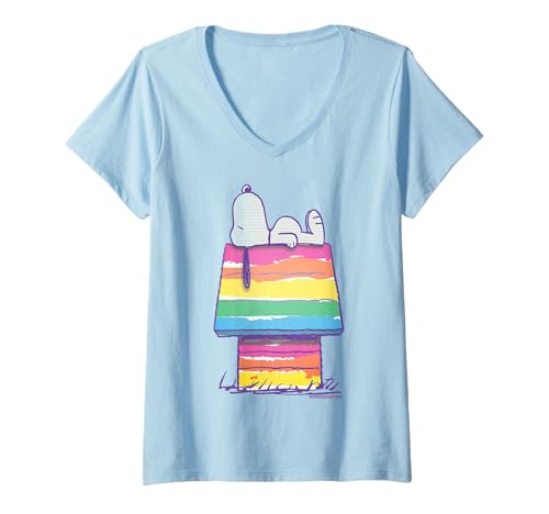 Damen Peanuts Snoopy Retro Rainbow Riot Hundehaus Pop Art Pride T-Shirt mit V-Ausschnitt von Peanuts