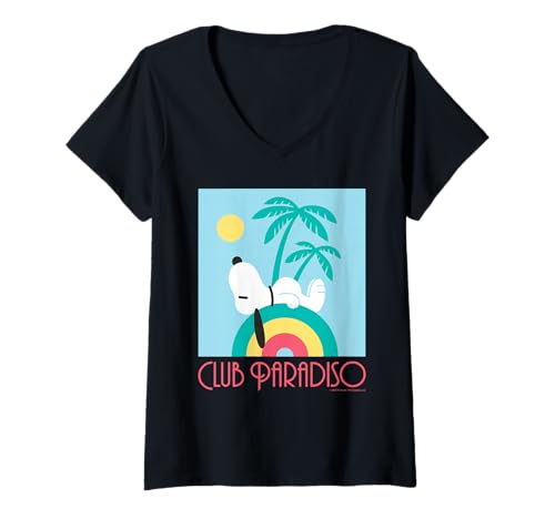 Damen Peanuts Retro Snoopy Club Paradiso Deco Sommer-Strandpalme T-Shirt mit V-Ausschnitt von Peanuts