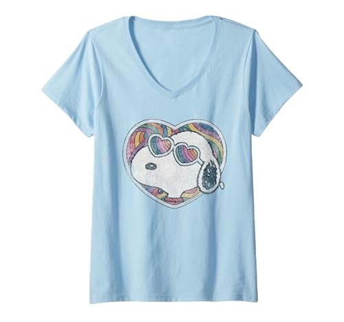 Damen Peanuts Snoopy Groovy Heart Shades Love Festival Regenbogenkunst T-Shirt mit V-Ausschnitt von Peanuts