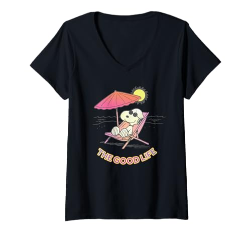 Damen Peanuts Snoopy Summer Beach Good Life Urlaubsstimmung Chill T-Shirt mit V-Ausschnitt von Peanuts