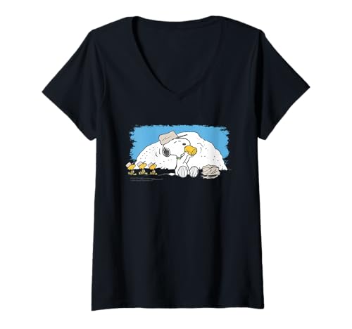 Damen Snoopy Woodstock Scouts Sommercamp-Abenteuer im Retro-Look T-Shirt mit V-Ausschnitt von Peanuts
