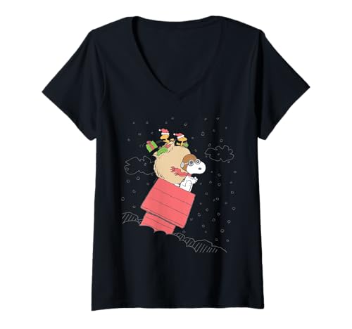 Damen Snoopy Flying Doghouse Weihnachtsgeschenklieferung T-Shirt mit V-Ausschnitt von Peanuts