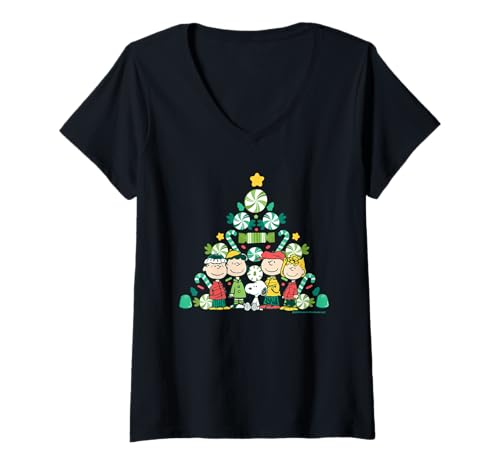 Damen Peanuts Snoopy Charlie Lucy Sally Linus Weihnachtsbaum Geschenke T-Shirt mit V-Ausschnitt von Peanuts