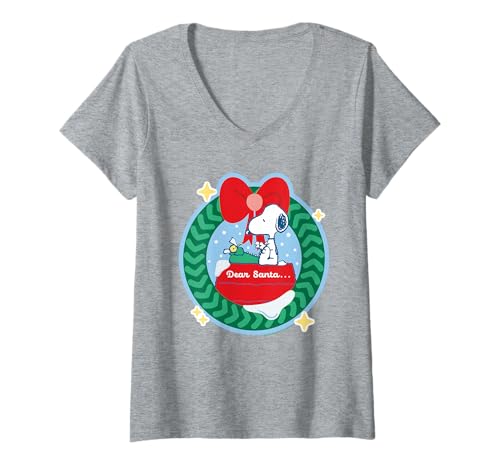 Damen Peanuts Snoopy Weihnachtswunschzettel, Weihnachtsmann, Retro-Comic-Design T-Shirt mit V-Ausschnitt von Peanuts