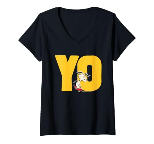 Damen Peanuts Snoopy Beagle Skateboard-Tricks 1950er Fun Stunt T-Shirt mit V-Ausschnitt von Peanuts