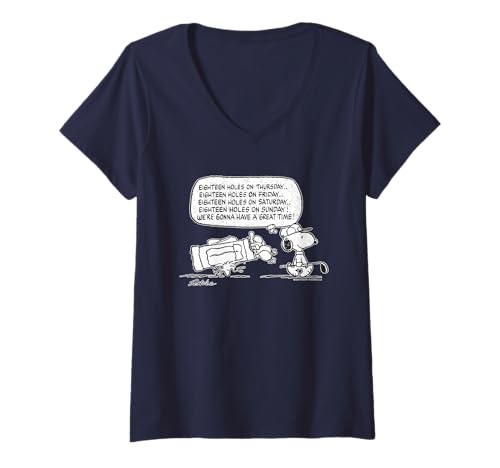 Damen Peanuts Snoopy Woodstock Lustiges Golf-Zitat mit achtzehn Löchern T-Shirt mit V-Ausschnitt von Peanuts