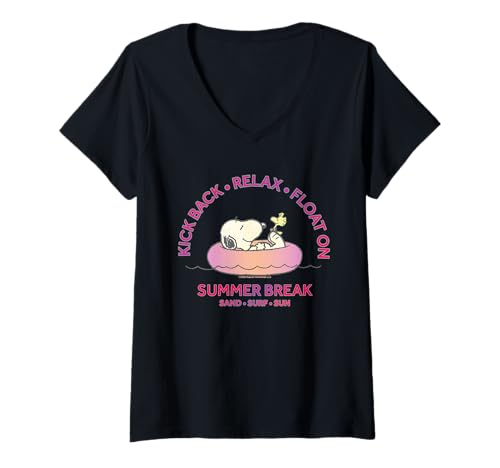 Damen Peanuts Snoopy Woodstock Beachy Summer Break Vibes Fun Float T-Shirt mit V-Ausschnitt von Peanuts