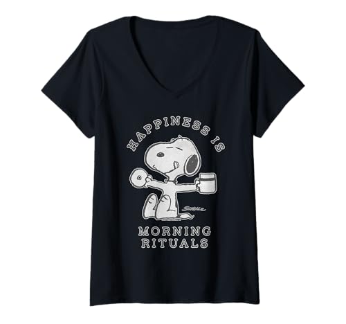 Damen Peanuts Snoopy Coffee Morning Donut Happiness Rituals Art T-Shirt mit V-Ausschnitt von Peanuts