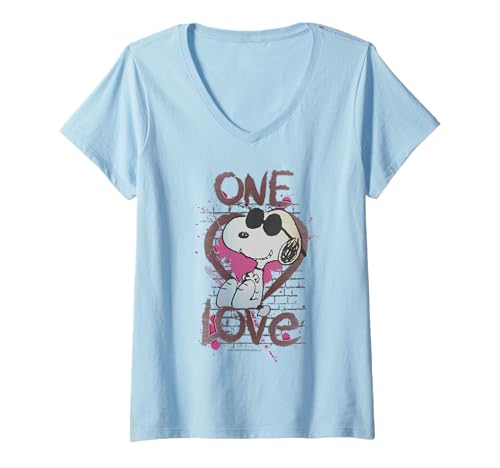 Damen Peanuts Vintage Snoopy Joe Cool One Love Glitch Valentinstag T-Shirt mit V-Ausschnitt von Peanuts