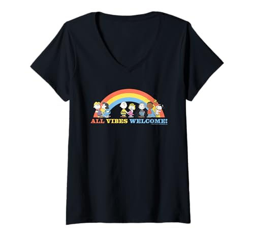 Damen Peanuts Vintage Snoopy Rainbow Gang Happy Vibes XOXO Friends T-Shirt mit V-Ausschnitt von Peanuts