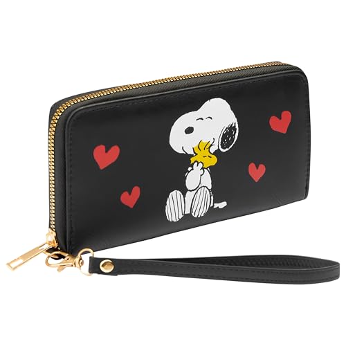 Peanuts Damen Geldbörse mit Snoopy-Design, Reißverschluss, Kartenfächern & Münzfach in Schwarz von Peanuts