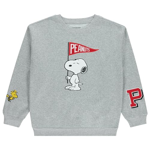 Peanuts Snoopy Damen-Sweatshirt, Rundhalsausschnitt, Chenille-Patch und Stickerei-Ärmelaufdruck, Snoopy-Sweatshirt, Hellgrau meliert, L von Peanuts