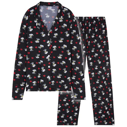 Peanuts Snoopy Schlafanzug Damen Lang mit Knopfleiste Niedliches Pyjama Set Hausanzug Geschenke für Frauen und Teenager (L, Schwarz) von Peanuts