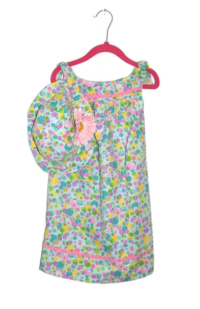 Mädchenkleid, Mädchen-Sommerkleid, Pullover, Pink, Aqua Und Gelb Mit Punkten, Plissee-Kleid, Krawatten An Den Schultern, Sonnenhut, Größe 6 Mädchenkleid, Mädchen-Sommerkleid, Pullover, Pink, Aqua Und Gelb Mit Punkten, Plissee-Kleid, Krawatten An Den Schultern, Sonnenhut, Größe 6 von PearBlossomCreations