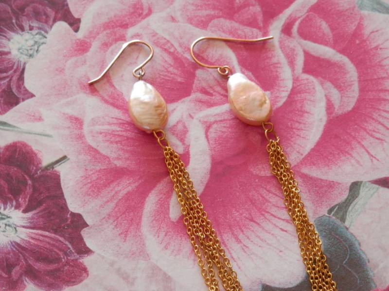 Lange Ohrringe Baumeln Perle Perlen Ohrringe Gold Kette Boho von PearlDazzle