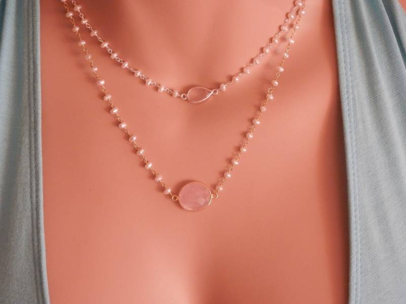 Perle Rosenkranz Silber Rose Quarz Anhänger Sterling Zierliche Liebe Weiße Halskette Halsband von PearlDazzle