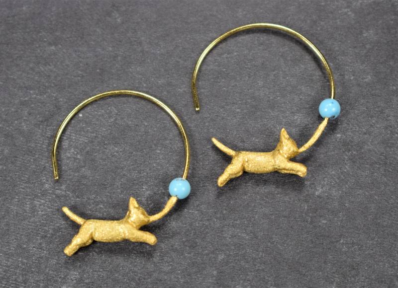 Katzen Creolen Aus 925Er Silber Gold, Lapis Lazuli & Türkis von PearlSelect